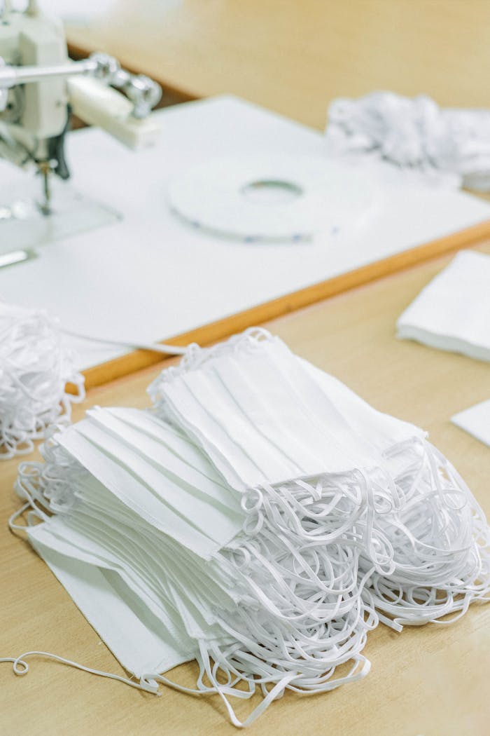 A pile of white face masks on a wooden table next to a sewing machine.